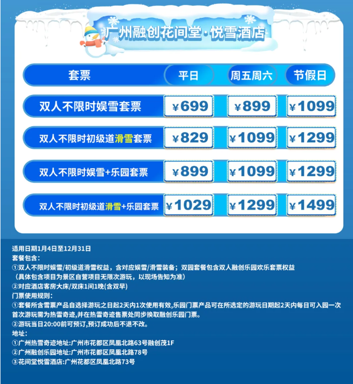 【广州融创｜不限时娱雪】￥699起入住广州融创花间堂悦雪酒店高级城景房+双人自助早餐+双人一次不限时娱雪套票，享酒店恒温泳池+健身房，可升级双园享融创乐园畅玩~（售至26.12.31）
