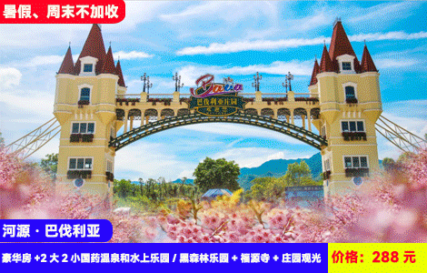 【河源巴伐利亚X暑假、周末不加收】刺激水上乐园湿身大作战，62个特色国药温泉冰火两重天~20多个刺激机动游戏无限任玩！288元秒杀2大2小套餐：沃家公寓豪华房+2大2小国药温泉和水上乐园/黑森林乐园+福源寺+庄园观光+浪漫灯展，N多好玩，加100元可升级无限次双园区畅玩（售至26.8.30）