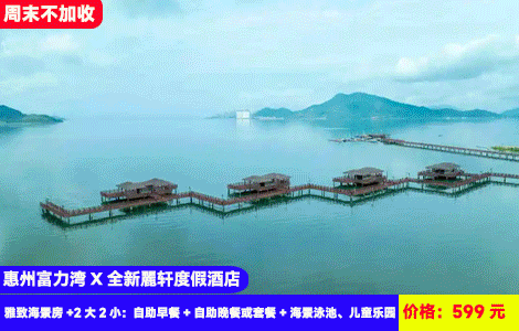 【惠州富力湾X全新麗轩度假酒店】周末不加收~赠送豪华海鲜晚餐！无敌海景泳池畅玩！超大空空间阳台房型看海，一站式奢华度假体验！599元酒店雅致海景房+2大2小：自助早餐+自助晚餐或套餐+海景泳池、儿童乐园+健身房+小沙滩+海上栈道+免费停车，高奢海景度假（售至26.12.30）